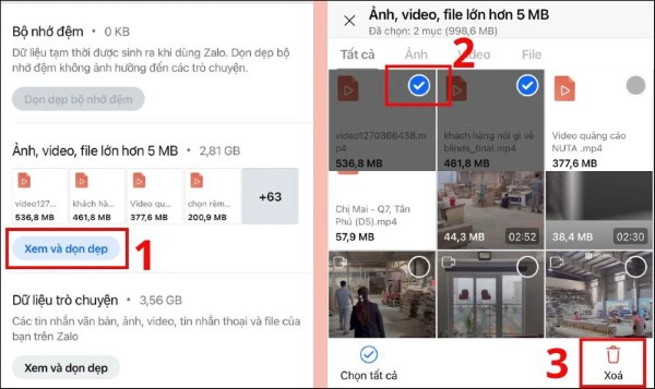 Chọn Xem và dọn dẹp > chọn các file và nhấn Xóa