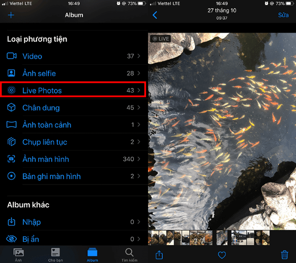 Mở Loại phương tiện > chọn Live Photos