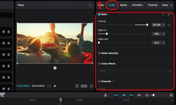 Chọn tab Audio và điều chỉnh âm lượng hoặc thêm hiệu ứng