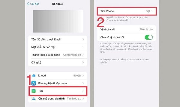 Nhấn chọn vào Tìm iPhone