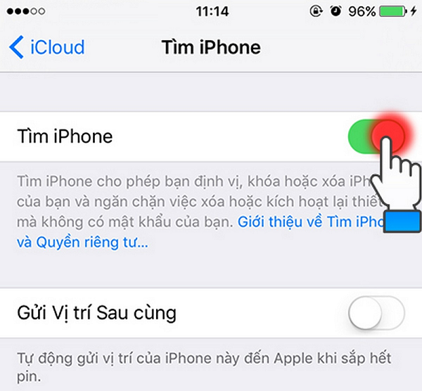  Nhấn vào phần thanh gạt để tắt tính năng Tìm iPhone