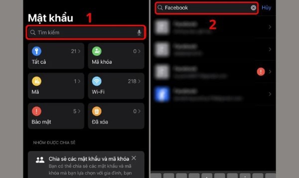 Dùng thanh Tìm kiếm để tìm mật khẩu liên quan