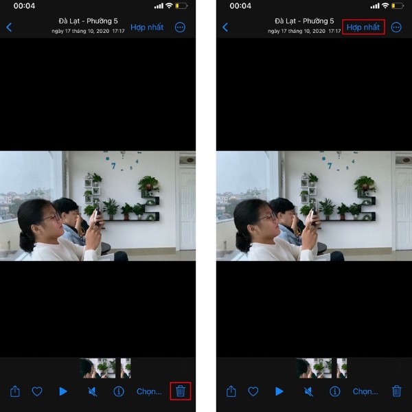 Nhấn vào biểu tượng thùng rác để xóa hoặc chọn Hợp nhất (Merge)