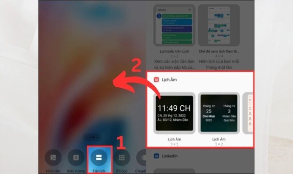 Kéo widget lịch âm và thả tới vị trí tùy chỉnh