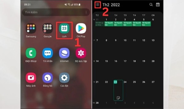 Mở ứng dụng Lịch > chọn biểu tượng ba gạch ngang