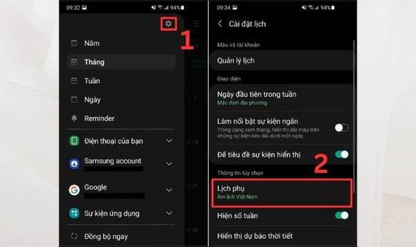 Nhấn chọn Lịch phụ