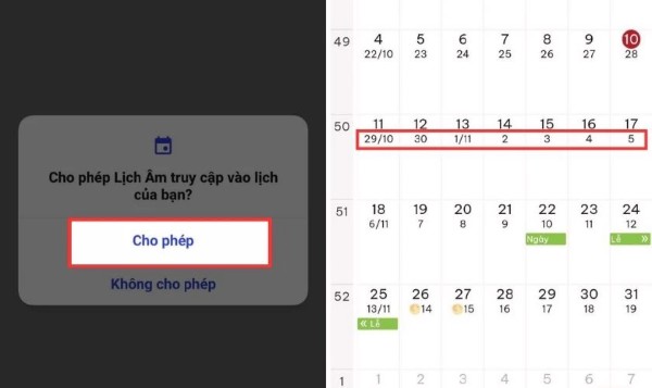 Nhấn cho phép quyền truy cập vào lịch trên điện thoại
