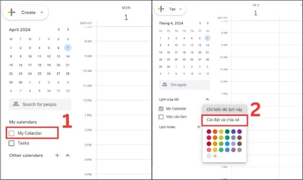 Chọn "Lịch của tôi" > Chọn Cài đặt và chia sẻ
