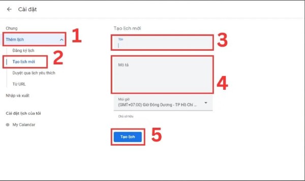 Chọn Thêm lịch và nhấn Tạo lịch mới 