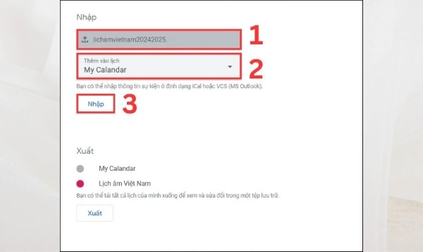 Thêm vào bộ lịch đã tạo và nhấn Nhập để hoàn tất