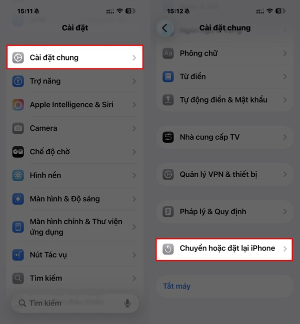 Nhấn vào mục Cài đặt chung, chọn Tìm kiếm và bấm vào mục Chuyển hoặc đặt lại iPhone