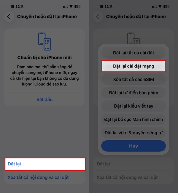 Bấm vào mục Đặt lại, chọn tiếp Đặt lại cài đặt mạng là xong