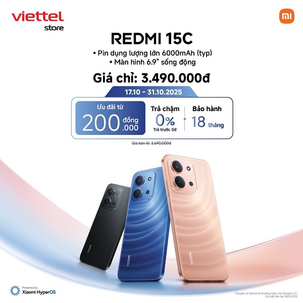 Ưu đãi mở bán Xiaomi Redmi 15C: Giá ưu đãi chỉ 3.490.000đ, trả góp 0%, bảo hành 18 tháng