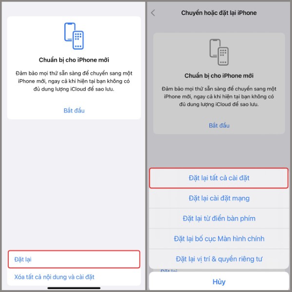 Nhấn Đặt lại > Đặt lại tất cả cài đặt