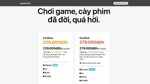 Mức giá gói cá nhân và gia đình