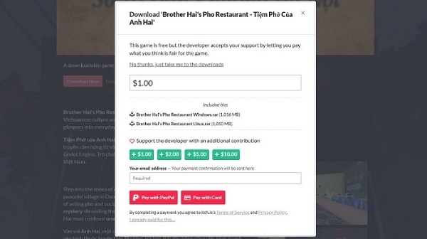 Bạn có thể tải hoàn toàn miễn phí hoặc ủng hộ nhà làm game