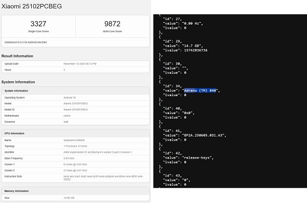 POCO F8 Ultra xuất hiện trong cơ sở dữ liệu của Geekbench với số model 25102PCBEG