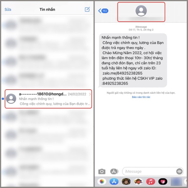 Nhấn vào tên người gửi hoặc số điện thoại nhắn tin
