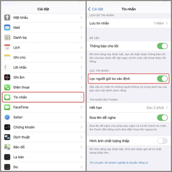 Chọn mục Lọc người gửi không xác định 