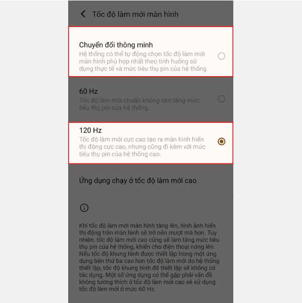 Lựa chọn mức làm mới màn hình mong muốn
