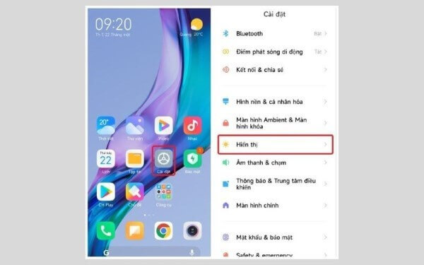 Chọn Cài đặt → Hiển thị 