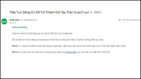 Grab sẽ gửi email xác nhận đăng ký