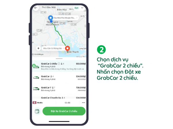 Chọn Đặt xe GrabCar 2 chiều