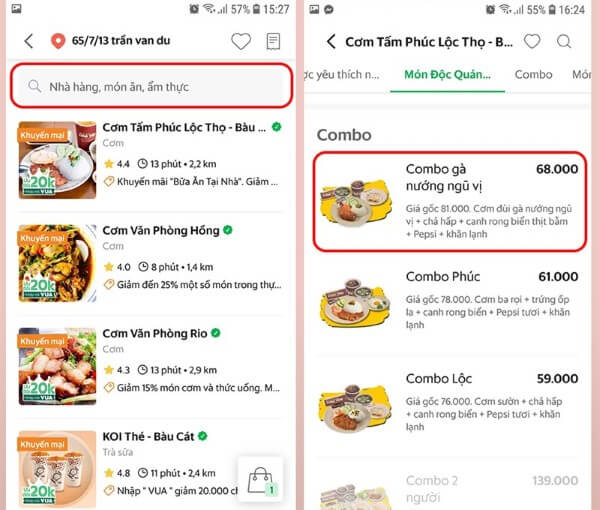 Tìm món ăn hoặc thức uống muốn đặt