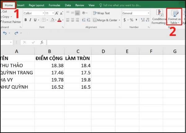 Mở Home → chọn Format as Table 
