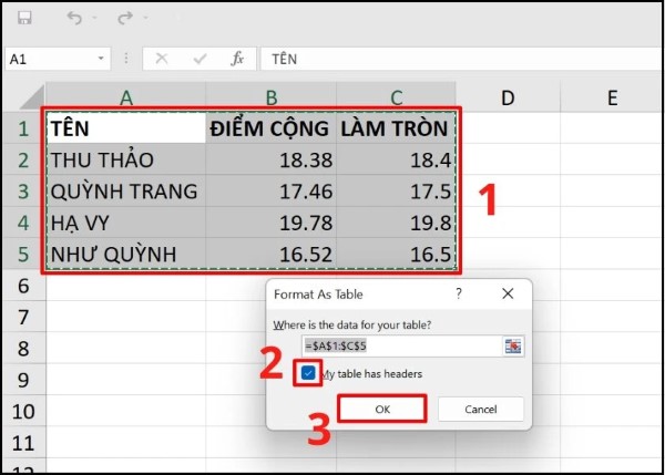 Xác nhận vùng dữ liệu → chọn OK