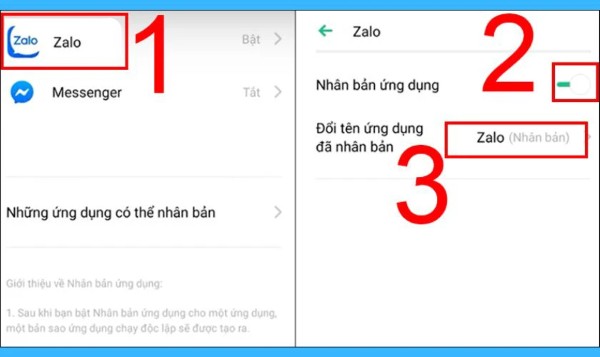Chọn Zalo và bật nhân bản