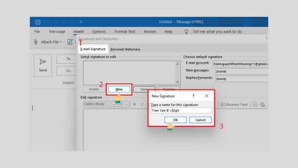 Chọn New > đặt tên cho chữ ký > nhấn OK