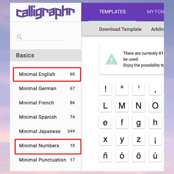 Chọn ký tự Minimal English và Minimal Number