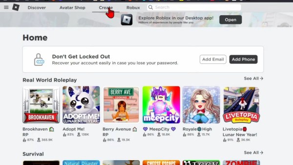 Chọn Create trên thanh menu 