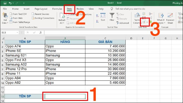 Nhấn Data Validation
