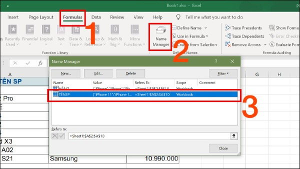 Chọn Formulas > Name Manager