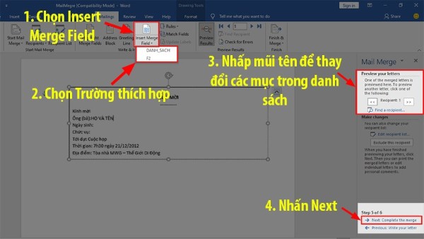 Nhấn Preview Results để xem trước thư
