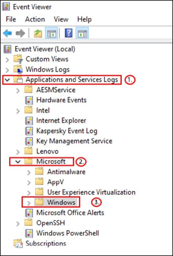 Chọn Applications and Services Logs