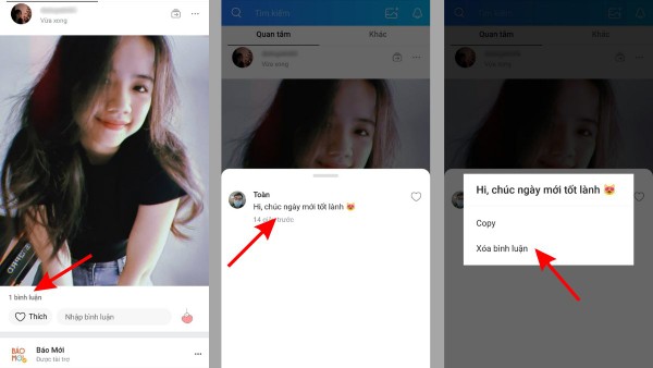 Nhấn giữ vào bình luận > chọn Xóa bình luận