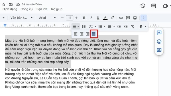 Nhấn biểu tượng justify