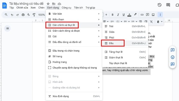 Chọn Định dạng → Căn chỉnh và khoảng cách → Đều
