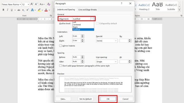 Chọn Justified → nhấn OK 