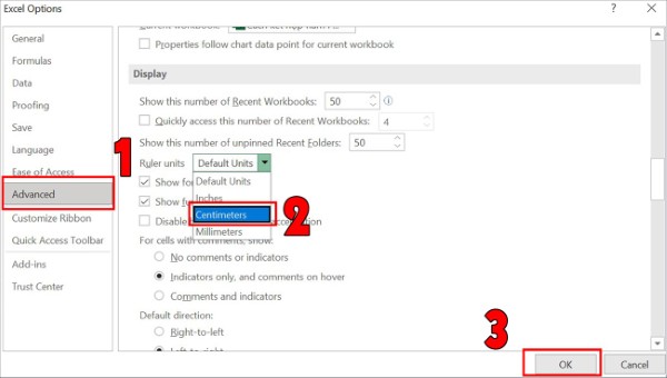 Chọn mục Advanced → đổi thành Centimeters