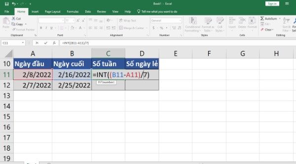 Nhập công thức tính số tuần: =INT((B11-A11)/7)
