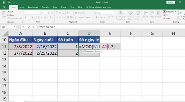 Công thức tính số ngày lẻ còn lại: =MOD(B11-A11,7)