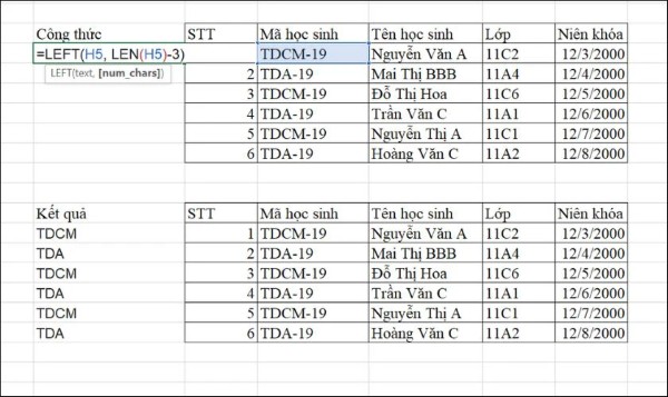 Nhập công thức: =LEFT(H5, LEN(H5) - 3)