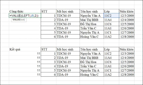 Nhập công thức: =VALUE(LEFT(J5,2))