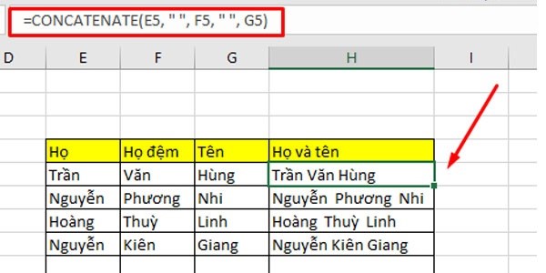 Nhập công thức: =CONCAT(E5, " ", F5, " ", G5)