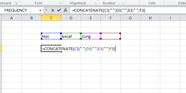 Ví dụ nhập hàm =CONCATENATE("Học", " ", "Excel", " ", "cùng", " ", "A")