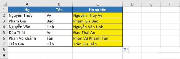 Ví dụ nối dữ liệu từ 2 cột